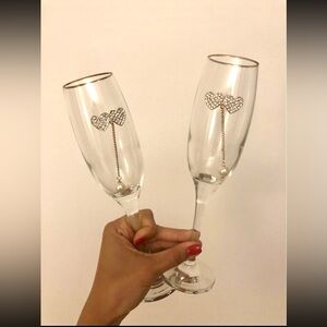 Elegant Crystal Champagne Flutes with Gold Accents, pearls and crystals